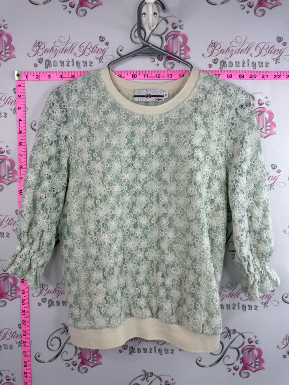 Azul blouse Lacie floral Pastel Green Lace Overlay Blouse with Cream Trim